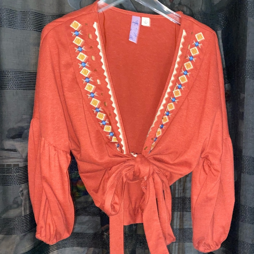 Embroidered Wrap Top